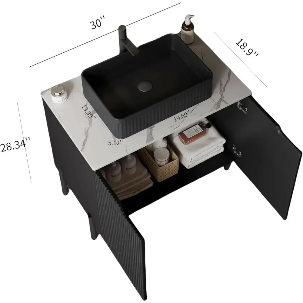 30 Tocador de baño moderno con lavabo, mueble de almacenamiento para baño con 2 puertas de Cierre Suave, conjunto de drenaje y tubo incluidos