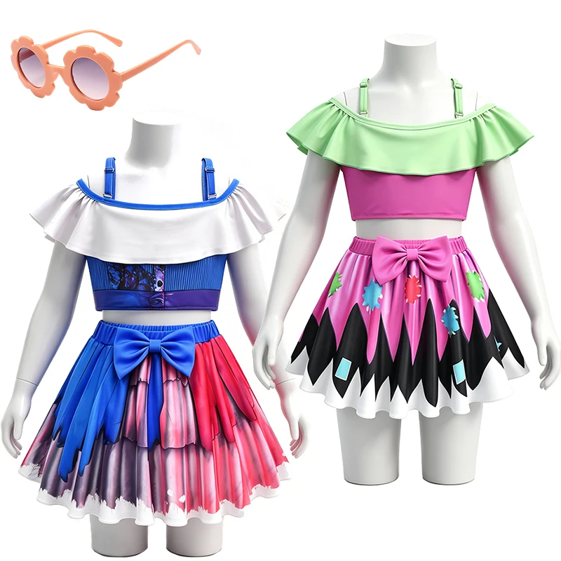 2Piece Horror Game Bobi Time Lily Ruffled Off-Shoulder Girls Swimsuits Halloween Kids Bathing Suit Summer Beach Pool Swimwear