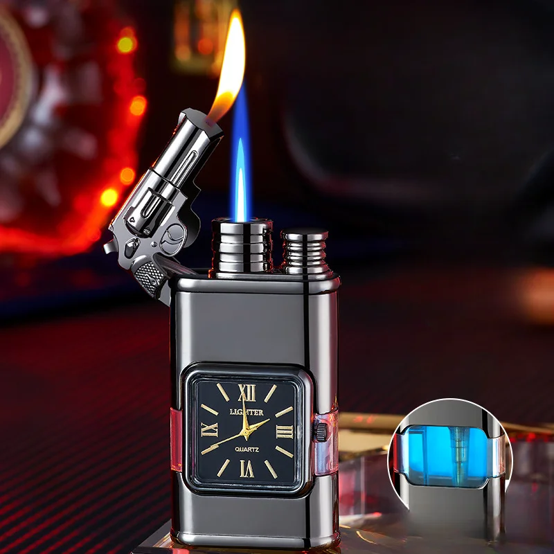 2024 New Metal Direct Fire Dual Fire Switching True Quartz Dial Visible Window Inflatable Windproof Lighter Smoking Accessories