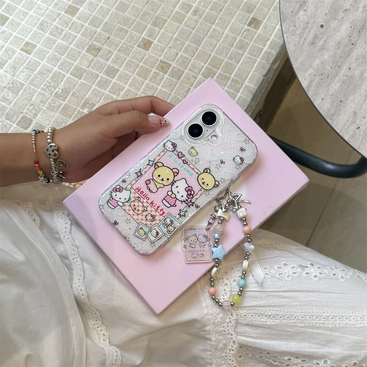 

Fashion Cute Cartoon Saniro Bear Phone Case For iPhone 16 Pro 13 15 14 Pro Max Back Cover Shockproof Cases with Chain
