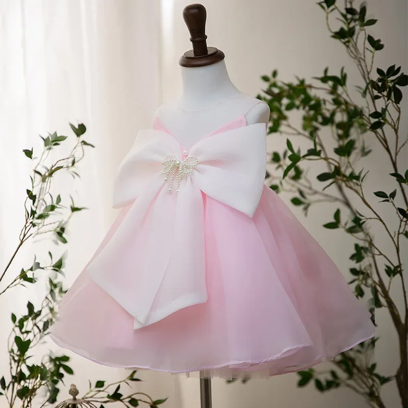 Flower Girl Pink Luxury Dress Children Birthday Baptism Dresses For Kids Elegant Big Bow Frocks Girls Boutique Party Wear Dress