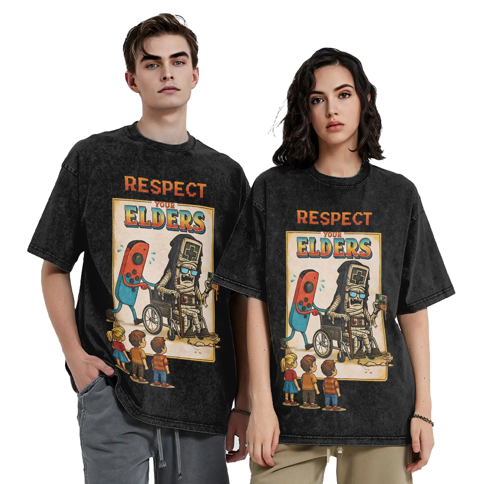 Respect Your Elders Console Vintage Washed T Shirts  Pure Cotton Clothing Vintage Short Sleeve O Neck Tees Summer T-Shirts