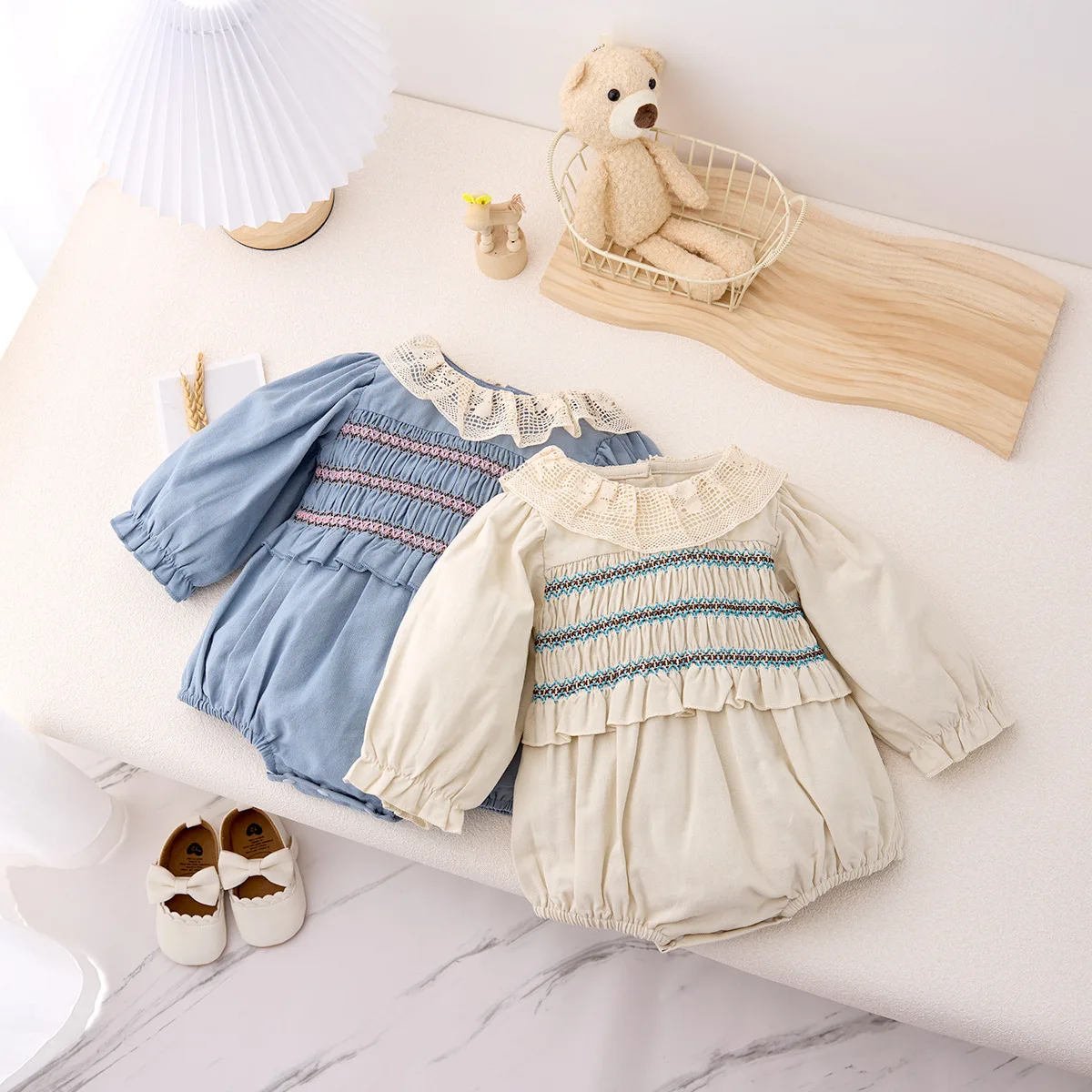 Girls Romper Korean Spring Baby Girl Outdoor Climbing Clothes Lotus Collar Long Sleeved Drawstring Bubble Sleeve Jumpsuit