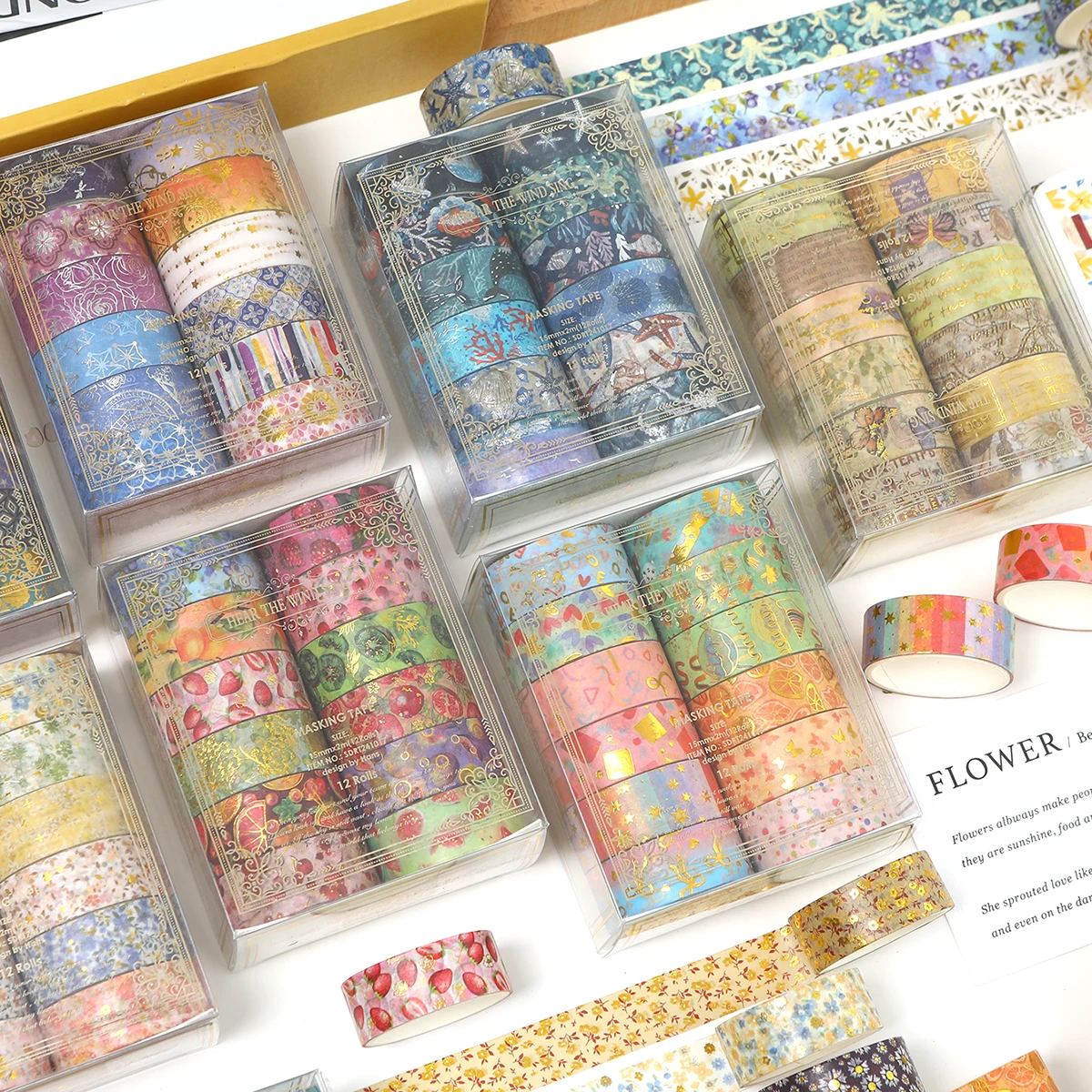 

Набор декоративных лент васи с горячим тиснением, 12 рулонов, для скрапбукинга, ведения дневника, подарков и рукоделия