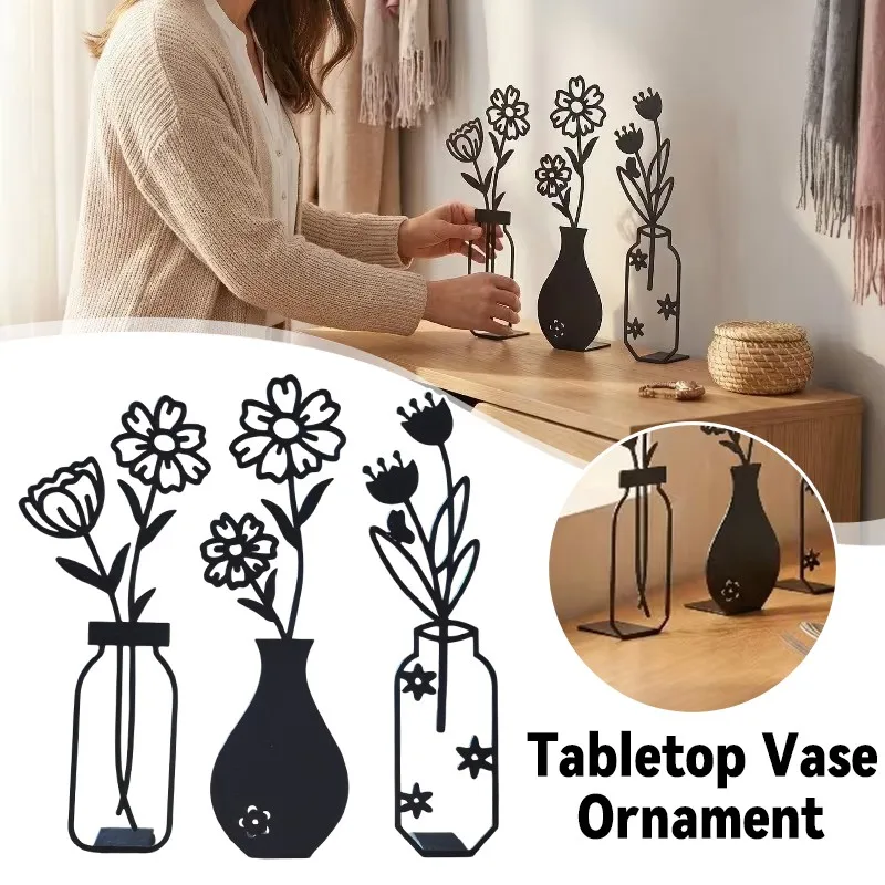 3pcs Matte Black Plastic Flower Vase Set Desktop Ornament Hollow Art Home Decor Kitchen Farmhouse Apartment Office Vase Set