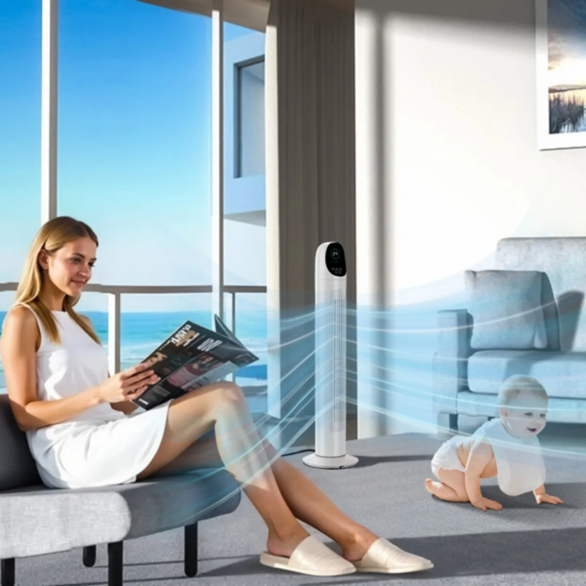 مروحة برجية 3 سرعات لغرفة النوم، مراوح أرضية متأرجحة للداخل، مؤقت 9H، مروحة قائمة هادئة بدون شفرات لتبريد المكتب المنزلي