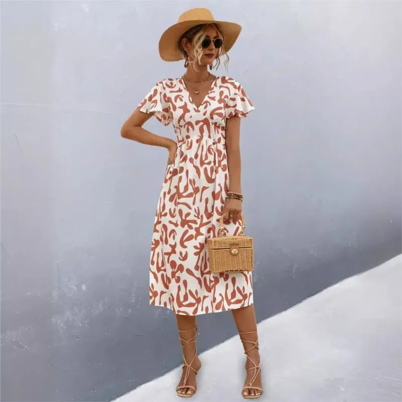 Spring And Summer V-neck Short Sleeved Dress For Women Fashionable High Waisted Printed Pullover Fresh And Sweet Style A Group