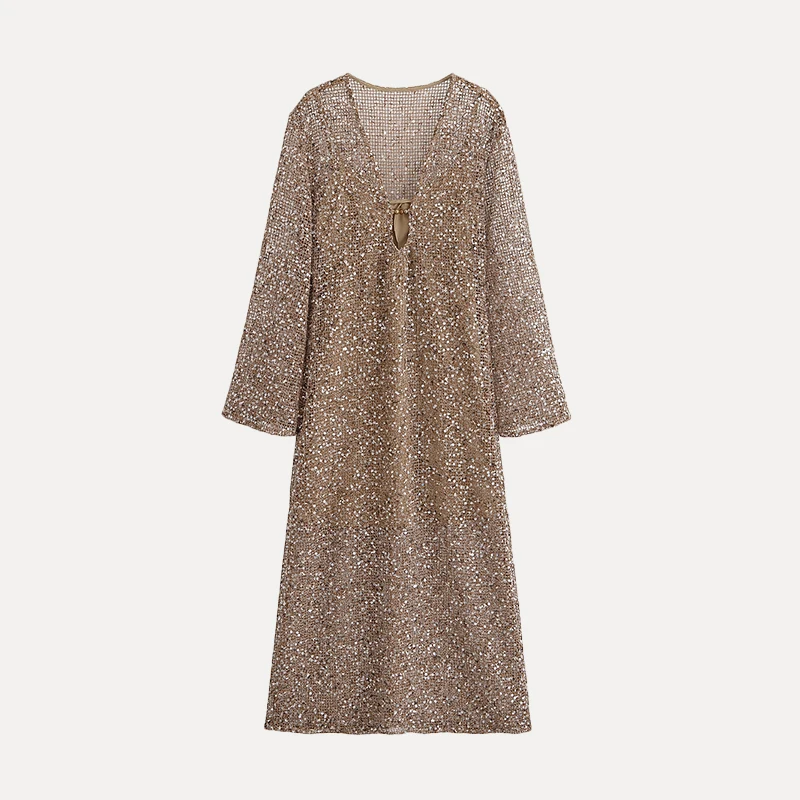 เดรสลูกปัดเอไลน์เอวสูงทรงเอ แขนยาว คอวี สีพื้น สำหรับผู้หญิง แฟชั่นฤดูร้อน รุ่นใหม่ล่าสุด