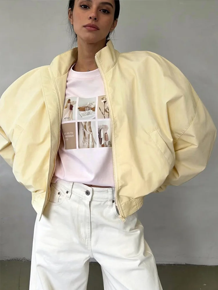 Damenjacken mit Stehkragen, Langarm, Oversize Kurzmäntel, Street-Style mit Laternenärmeln, Gerüschter Loser Mantel, Schicke Neue Oberbekleidung – Detail 9