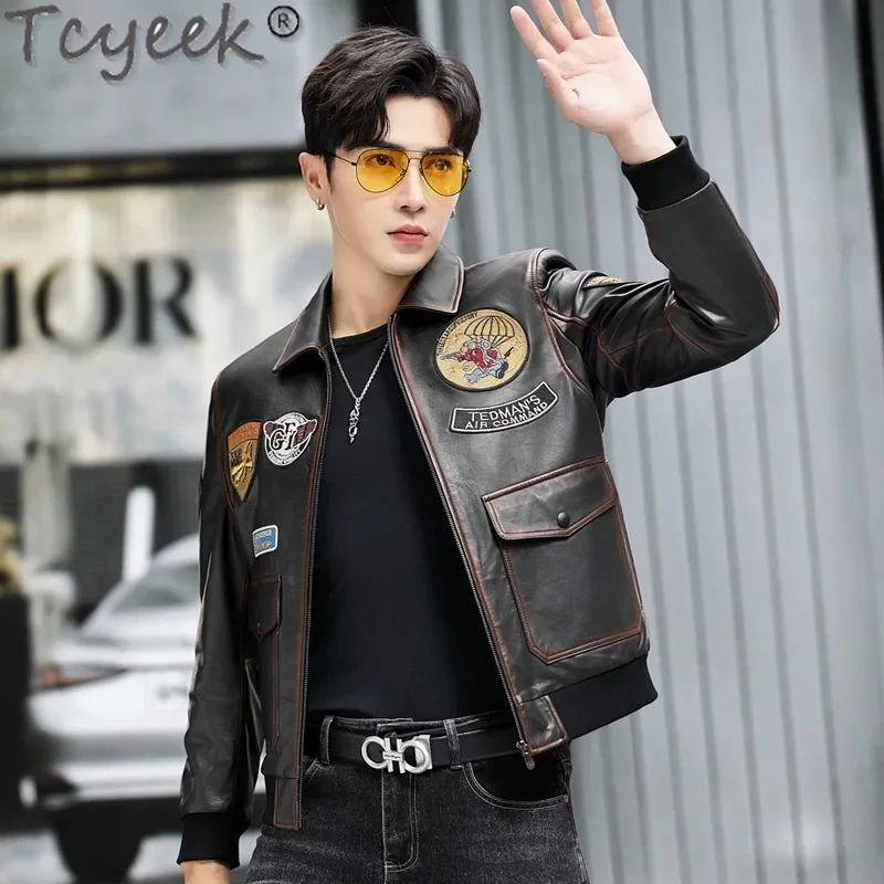 Tcyeek Real Leather Jacket Men Top Layer Cowhide Coat for Man Clothing Moto&biker Jackets Embroidery Spring Autumn Coats 2025