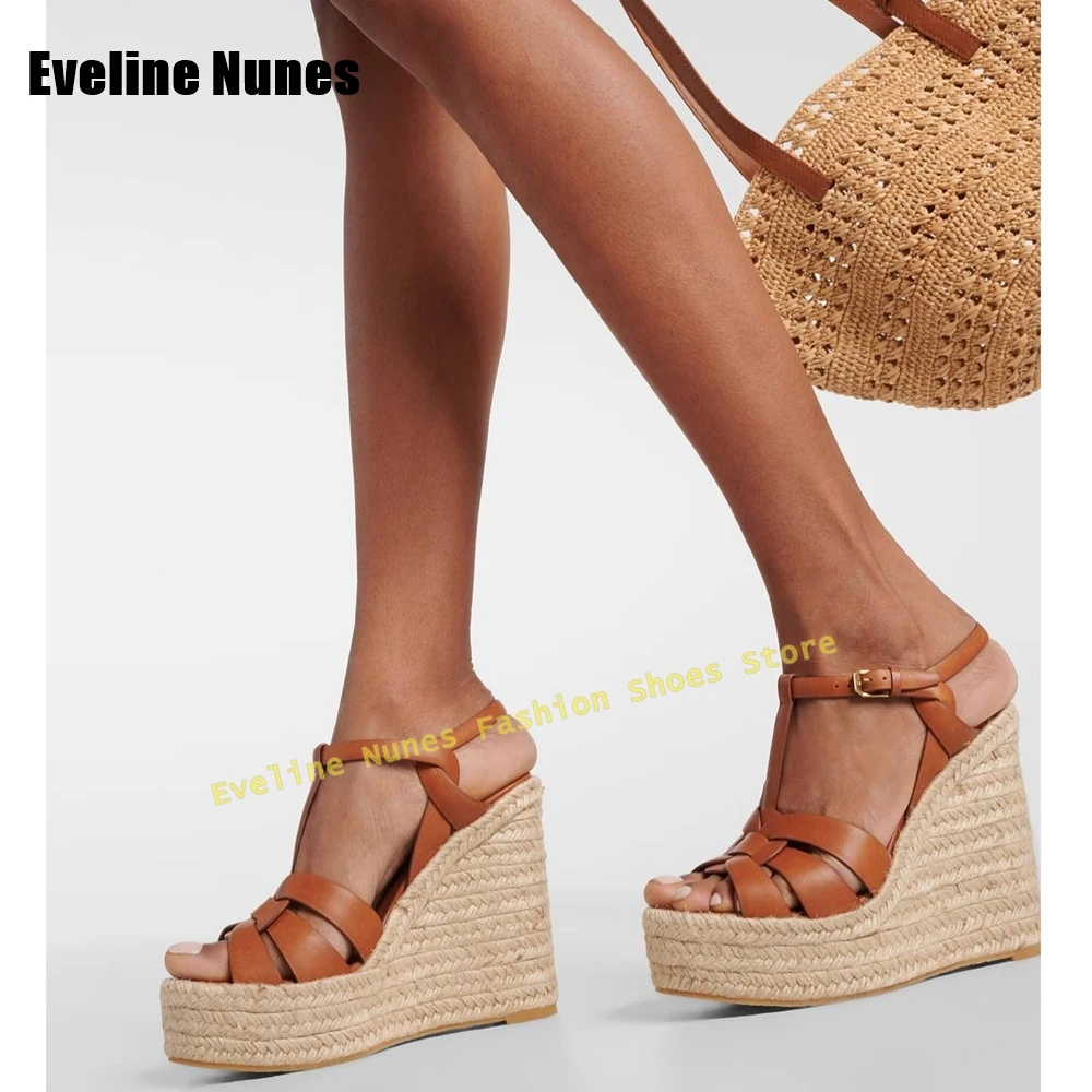

Hemp Rope Weaving Wedges Sandals Peep Toe Height Increasing Cut Out Side Air Slingback Women Vacation Shoes Plus Size 34-46 2025
