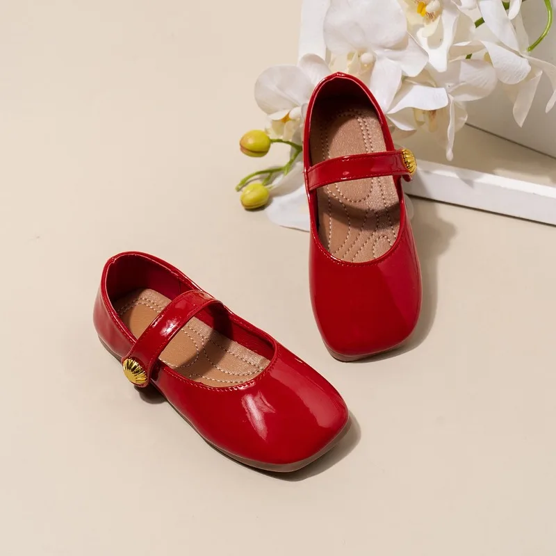 

2025 Girl's Leather Shoes Square Toe Elegant Shallow Kids Mary Janes Flat Sole Comfy Children Single Shoes Girls Princess Shoes