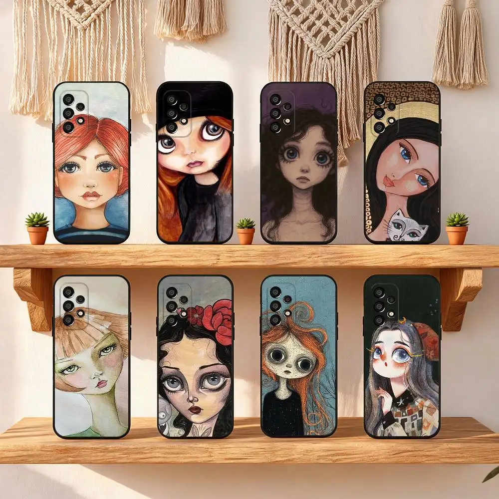 Clmj BIG EYES COMIC GIRL Fashion Black Soft Protective Case For Samsung S10,20,21,22,23,24,25,30 Ultra Plus FE Lite