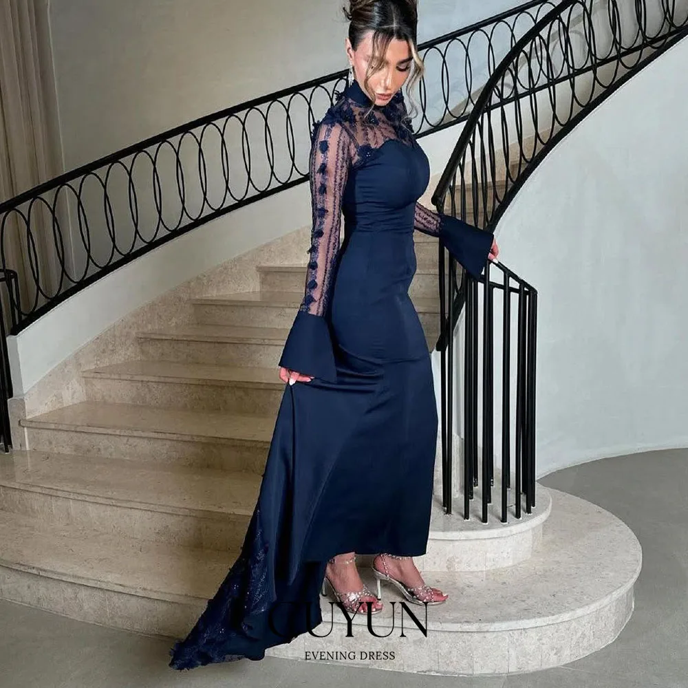 CUYUN Navy Blue Women Evening Dresses for Banquet Dinner Customized Long Sleeves Illusion Patchwork Party Gown for Wedding Guest