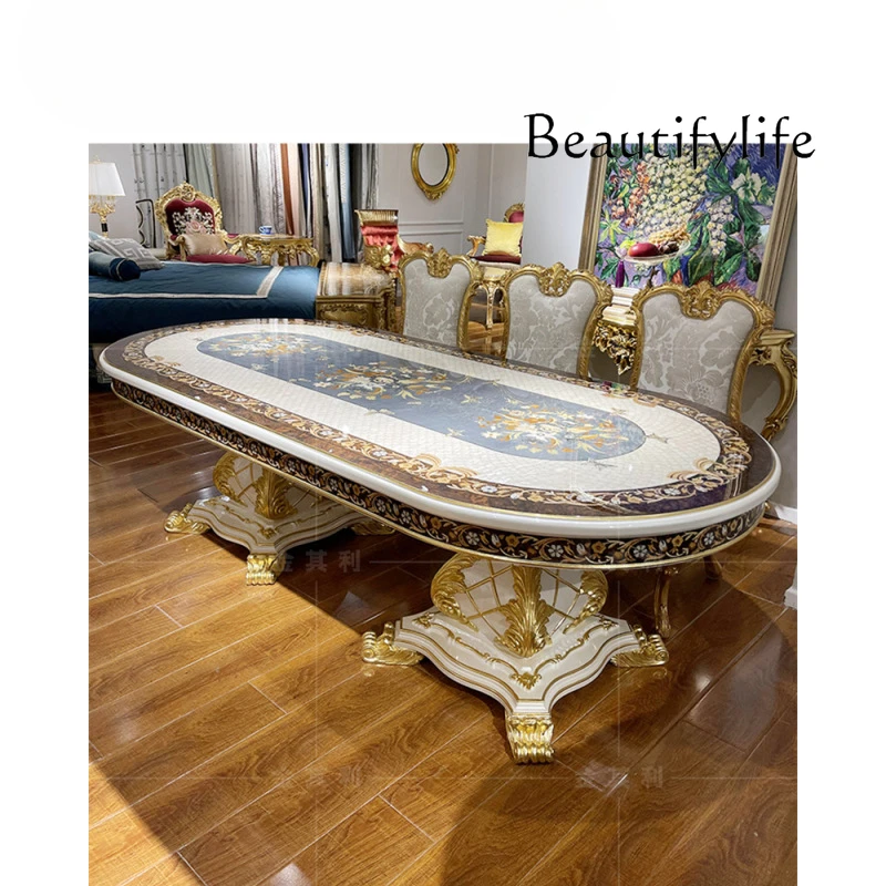 

European neoclassical oval dining table Italian French shell inlaid luxury dining table fabric dining chair