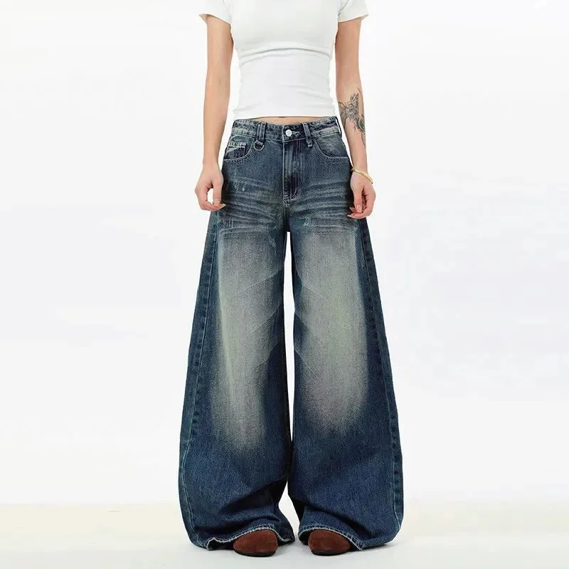 

Женские повседневные широкие джинсовые брюки-палаццо, осенние женские джинсы премиум-класса в американском стиле, модные свободные джинсы с высокой талией