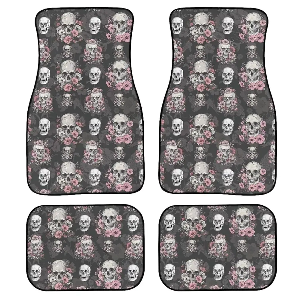 

Gray Skull Pink Flowers Print Car Floor Mats Set of 2 Heavy Duty Protection Automobile Interior Accessories for Front Rear, U