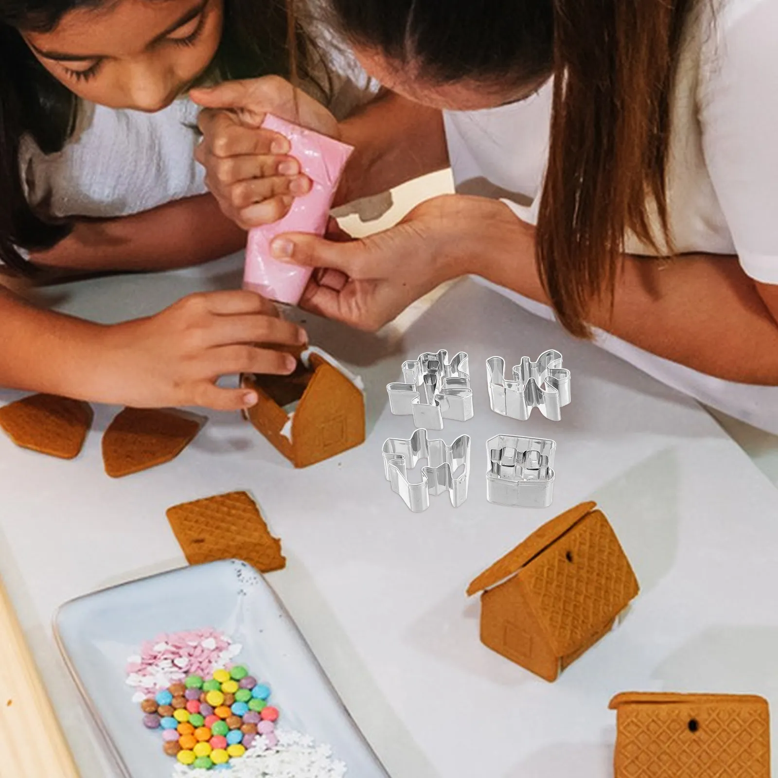 Juego de 4 Cortadores de Galletas de Acero Inoxidable con Formas de Caracteres Chinos, Moldes Integrados para Hornear Fondant