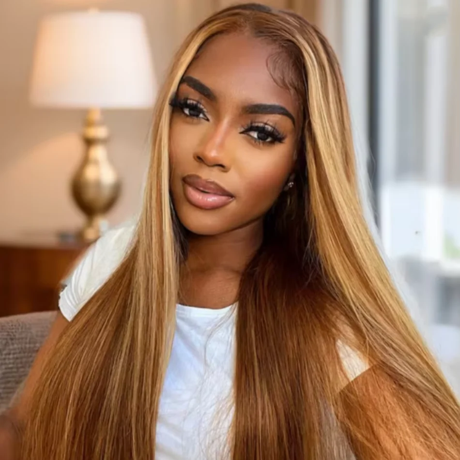 Rambut Asli Bone Straight Highlight Lace Front 100% Human Hair 4/27 Ombre 13x4 Lace Frontal Wig 13x6 HD Honey Blonde Colored Wig Untuk Wanita