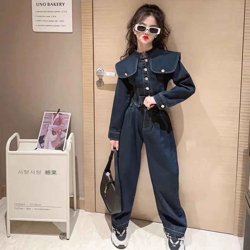 Girl Spring Autumn New Denim Sets Children Long Sleeve Fashion Suits Coat + Pants 2pcs Sets Teenage Clothes 2pcs Suits Wz1013