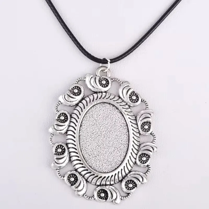 Fit 25*18Mm Antique Silver Color Blank Pendant Base Necklace Glass Cabochon Bezel Tray Vintage Necklace Making Jewelry Setting