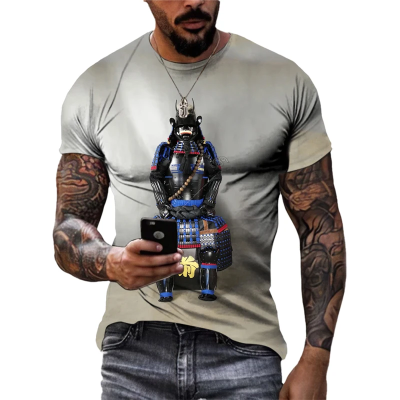 Summer Men's Samurai Pattern Print T-shirt Handsome Street Hip-hop Round Neck Top Casual Fashion
