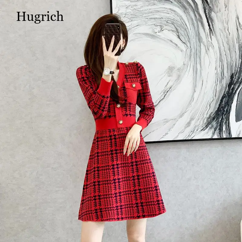 

Knitted Dress Women's 2022 Spring New Houndstooth High Waist A- Shaped Base Red Sweater Skirt
