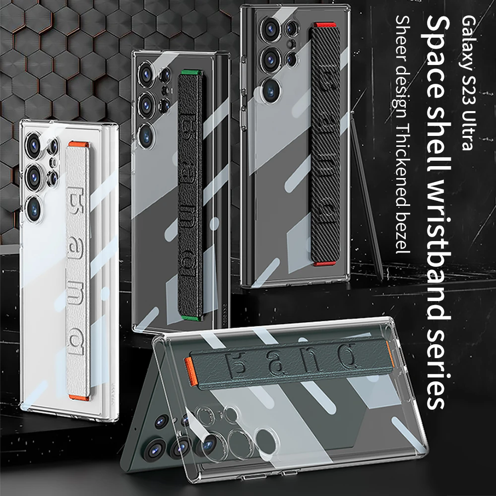 For Samsung Galaxy S23 S24 S25 Ultra Case Luxury Stretch Wristband Thickened Border Transparent Shockproof Protection Hard Cover