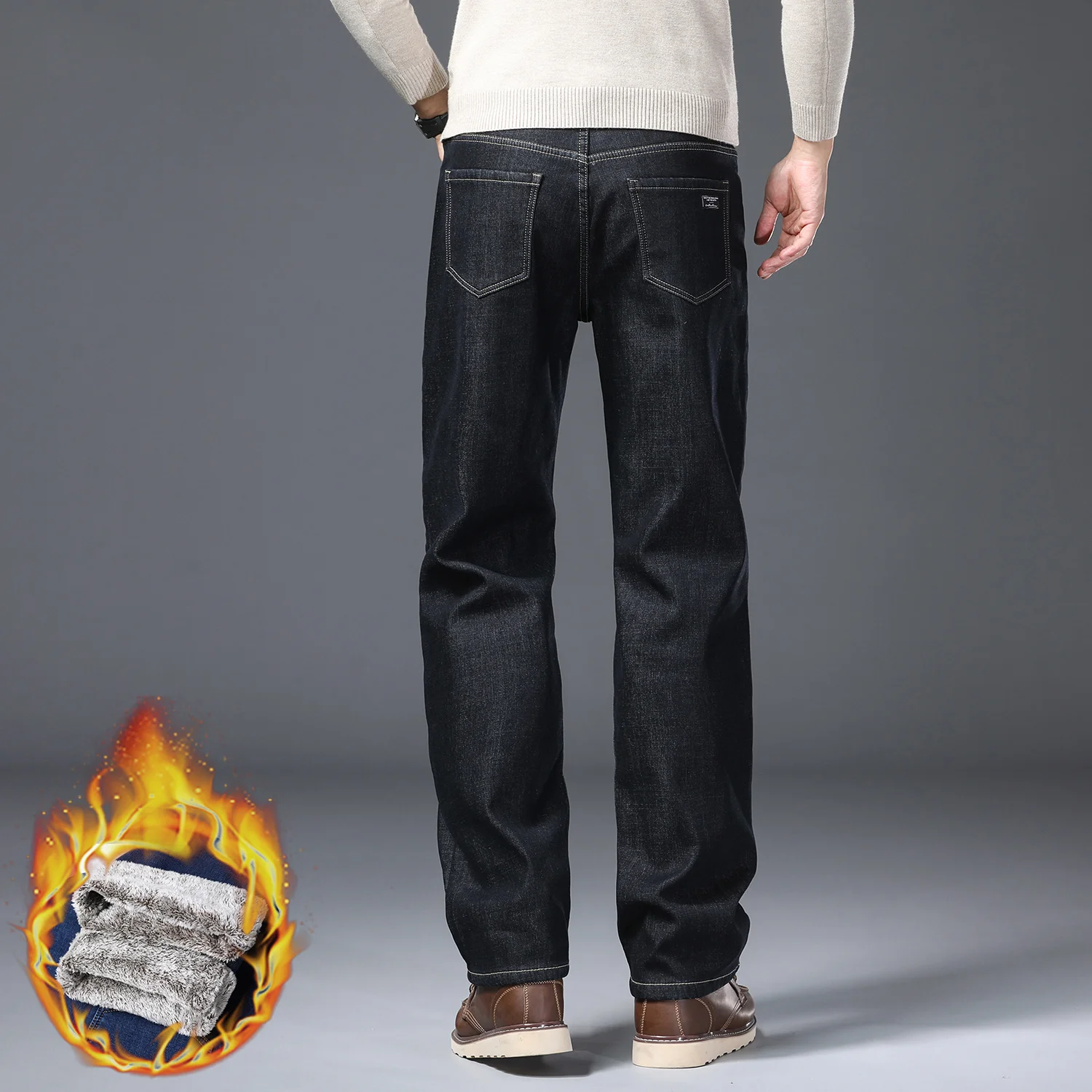 Winter Fleece Warme Jeans Mannen Business Rechte Denim Broek Pluche Massaal Werk Dikke Buiten Broek Mannelijke Plus Size 28-40