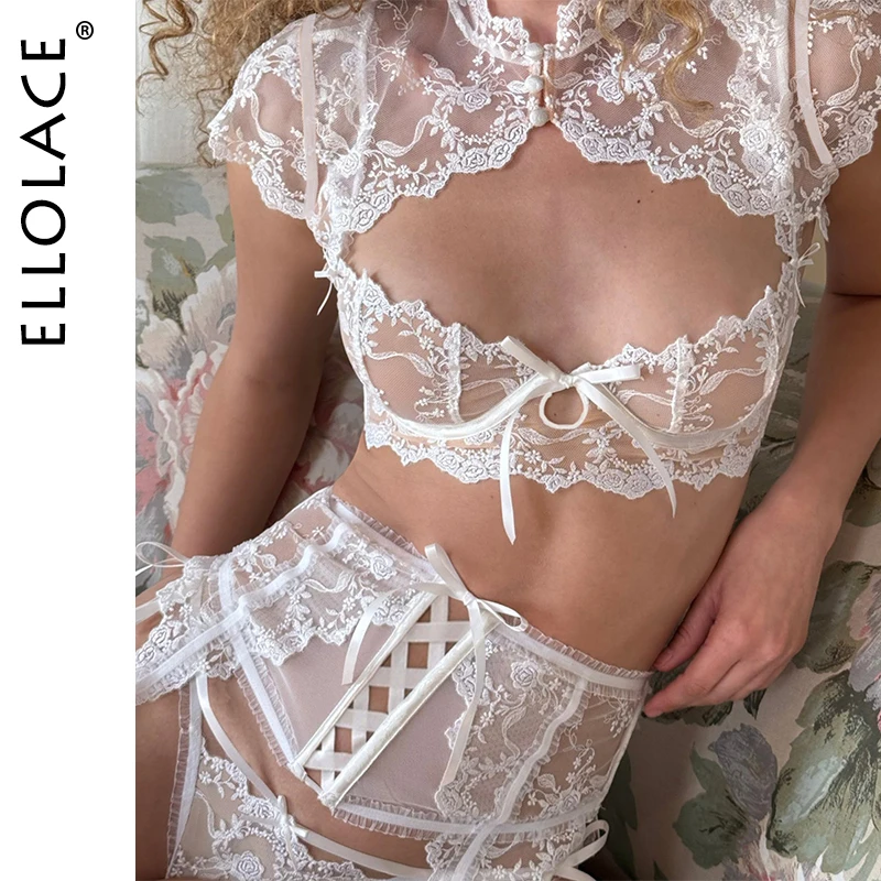 Ellolace Seductive Women's Lingerie Sets Sheer Lace Cape Bra Belt Thong Leg Straps Wedding Boudoir Underwear Romantic Intimates