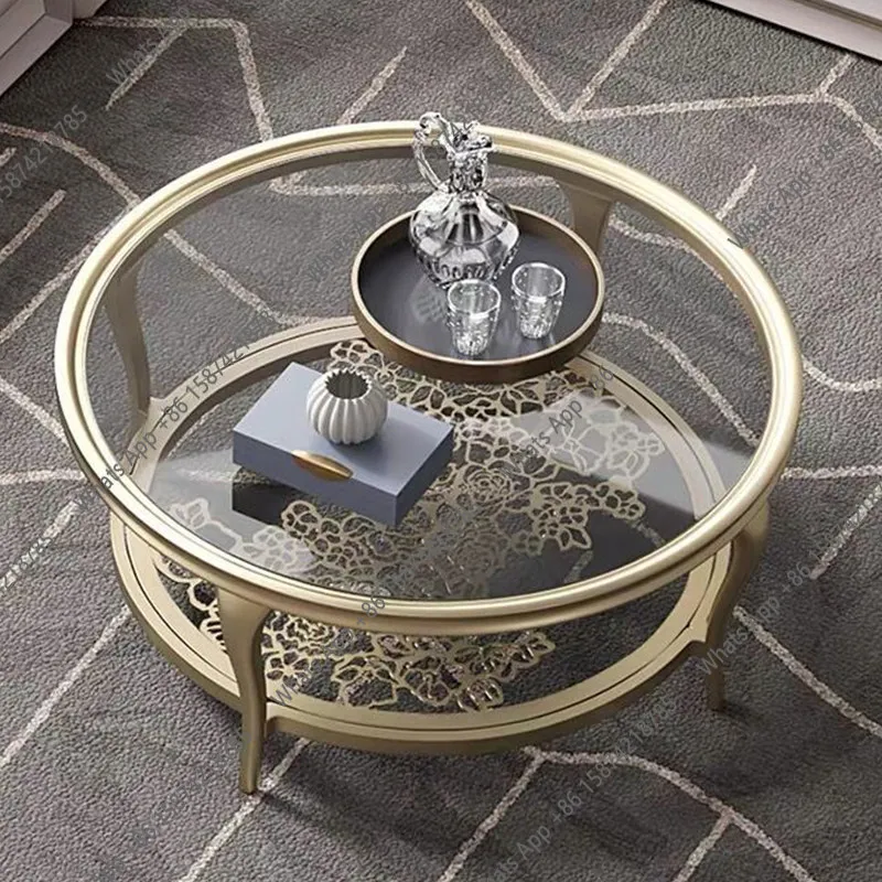 

American light luxury glass round coffee table living room home high-end French champagne solid wood coffee table