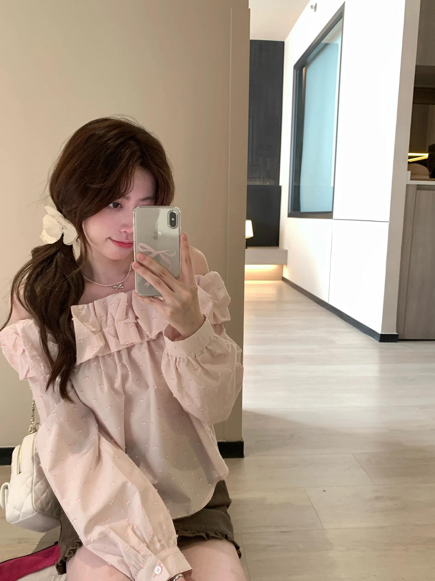 PtonUmi Pink One-Shoulder Long Sleeve Shirt Women Summer Top Cherry Blossom Unspoken Girl's Fashion Loose Cotton Casual Blouse