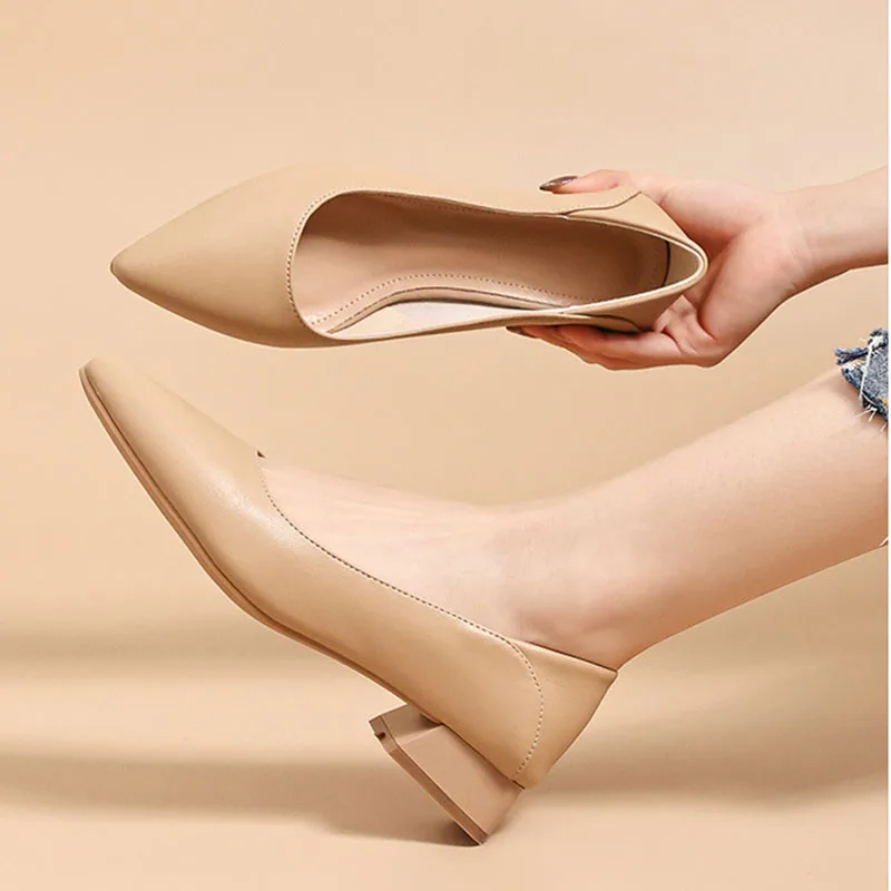 Women Black Pu Leather Pointed High Heels 2025 Spring Office Lady Sandals Elegant Basic Pumps For Woman Chic Thick Heel Shoes