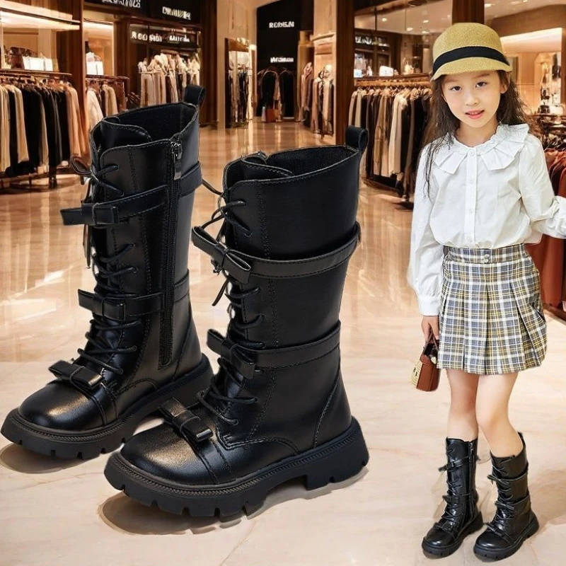 

Лидер продаж, ботинки для девочек, 2025 зима, новый стиль, детские высокие ботинки принцессы в британском стиле, повседневные женские модные ботинки принцессы для девочек