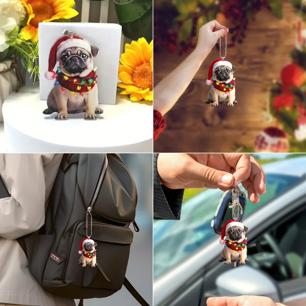 Charming Pug Christmas Pendant Keychain,Cartoon Puppy 2D Acrylic Versatile Charm,for Car Mirror,Backpack,Festive,Home,Gift&Decor