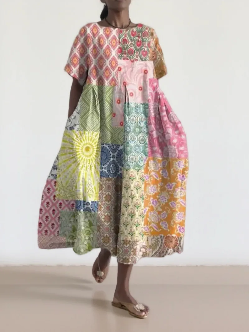 2025 Nieuwe vrouwen Ronde Hals Lange Casual Jurk Zomer Grote Maat Verse Vis Print Jurk Straat Vakantie Korte mouwen Jurk T4B7