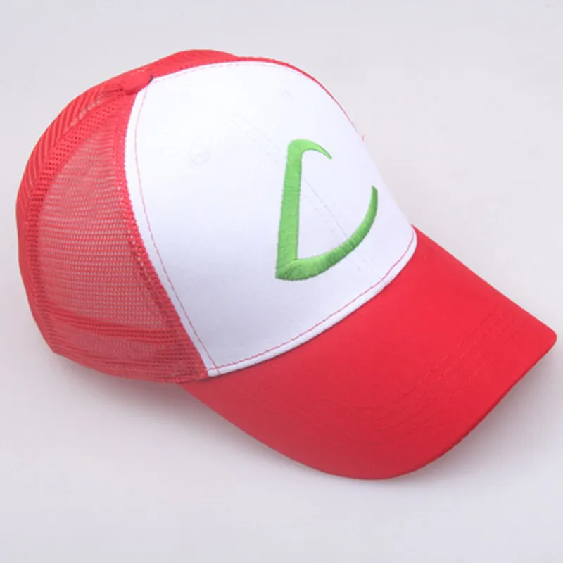 Classic Cute Red Sun Hat Ash Ketchum Anime Cosplay Mesh Hat Embroidery Baseball Cap Pocket Adjustable Prop Gift