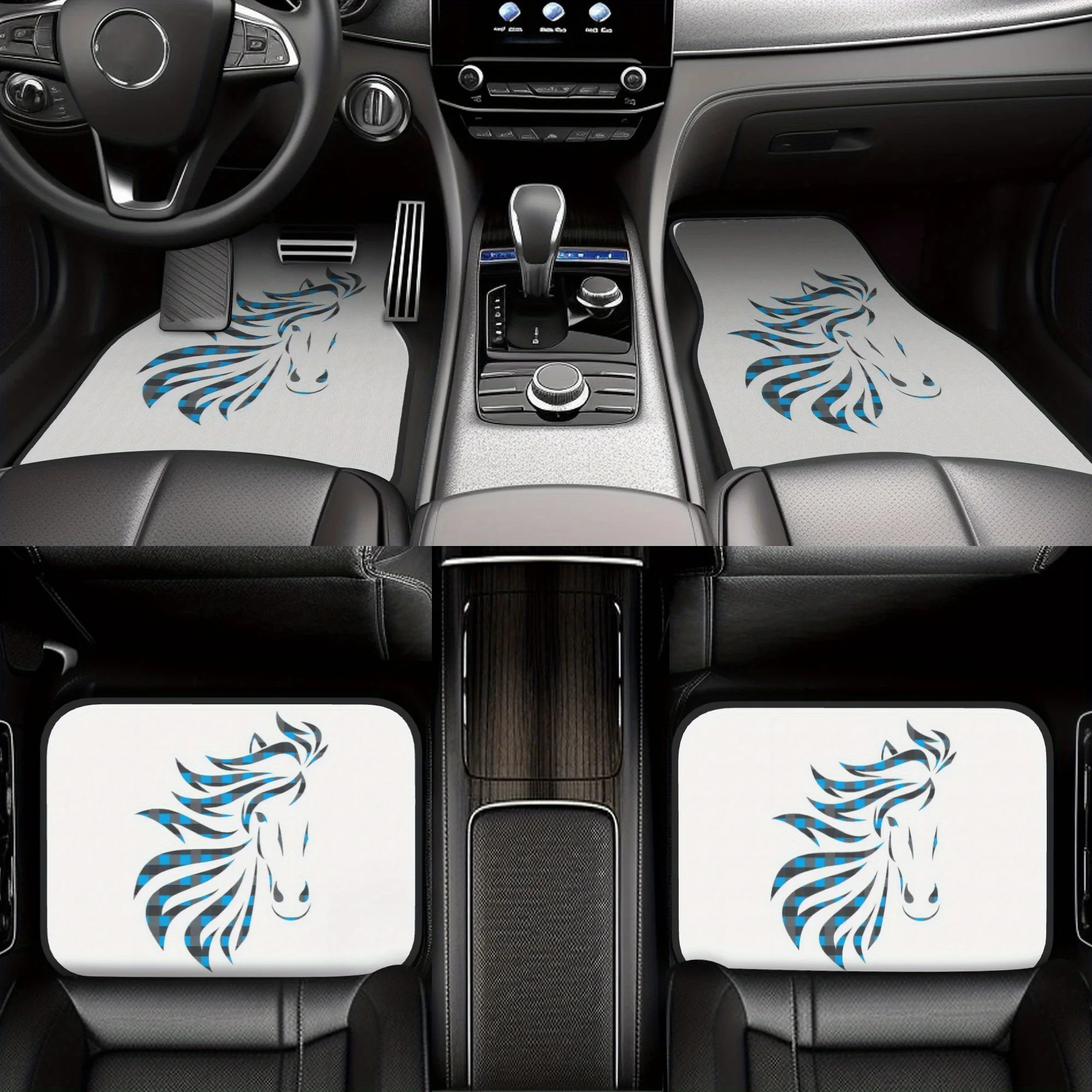 4pcs Horse Lover, Blue Plaid Horse Line Drawing Design Car Floor Mats, Durable Polyester Fiber, Fit For Cars, Ideal Gift, Vehicl