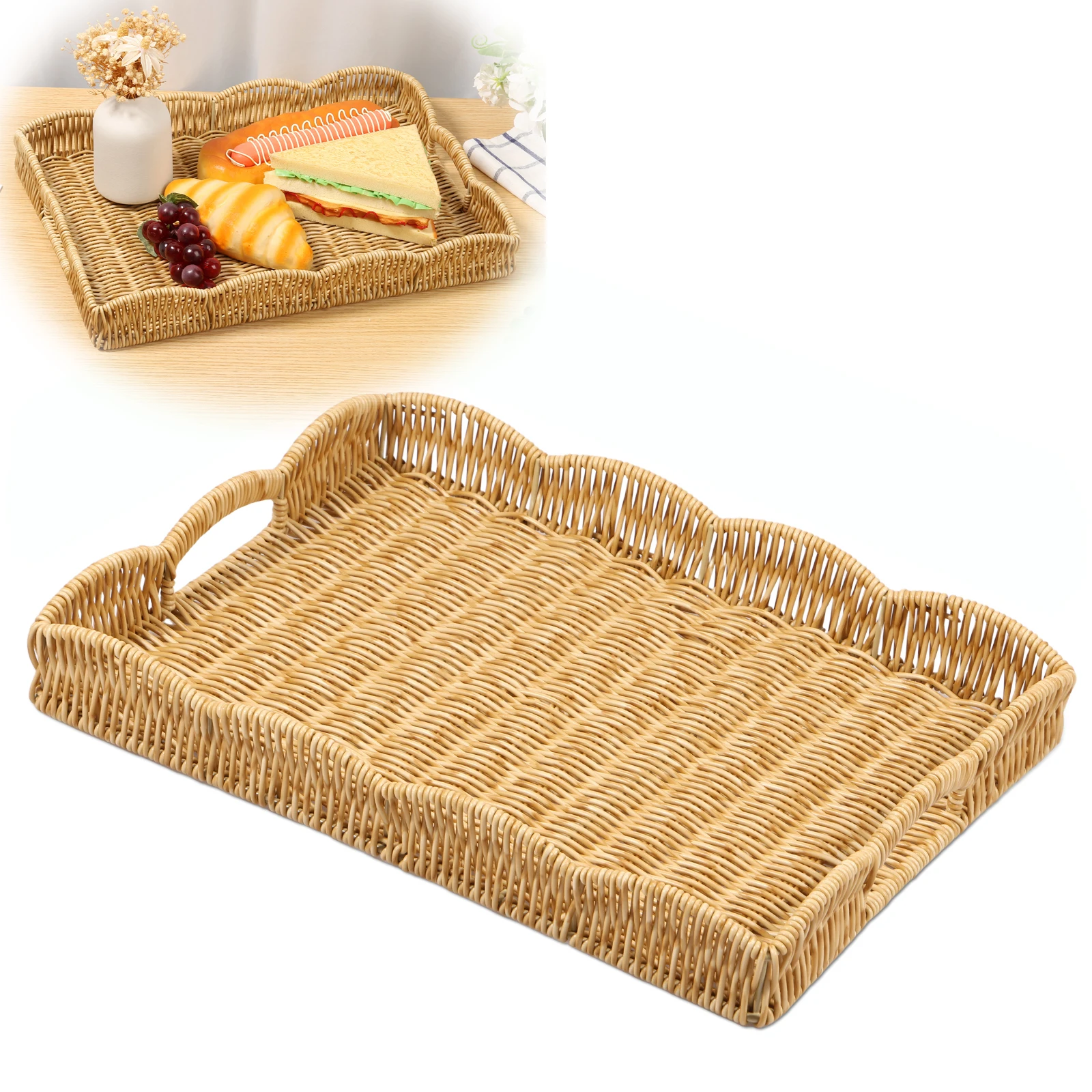 Nachahmung Rattan Tablett Vintage Rechteckiges Serviertablett Dekorative Tischplatte Servierkörbe Multifunktions-Organisationsplatte