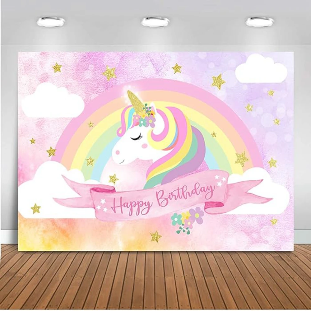 Cartoon Unicorn Rainbow Color Balloon Cake Banner Decoration Customized Girl Boy Baby Birthday Show Photography Background Banne