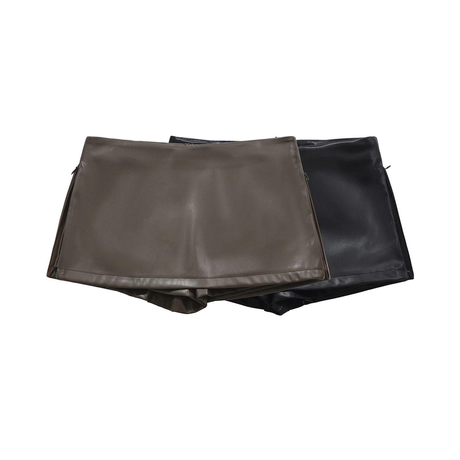Elegant Faux Leather Mini Skirt in Black Korean Fashion PU Low Rise Zip up Split with Shorts for Women Stylish Brown Option Y2K