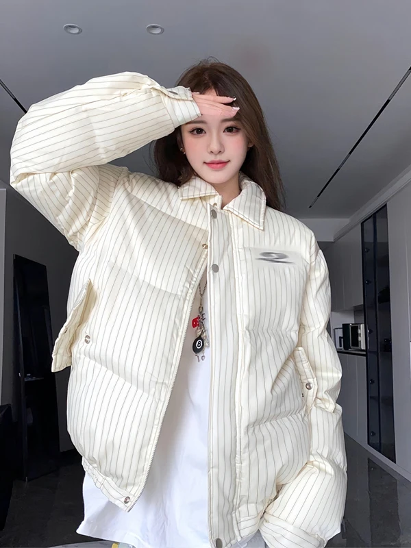 

Winter ort Plaid down Cotton Jaet Women's Korean Sle Collar Warm Super ular Bread Sle Trendy Zipper Collar
