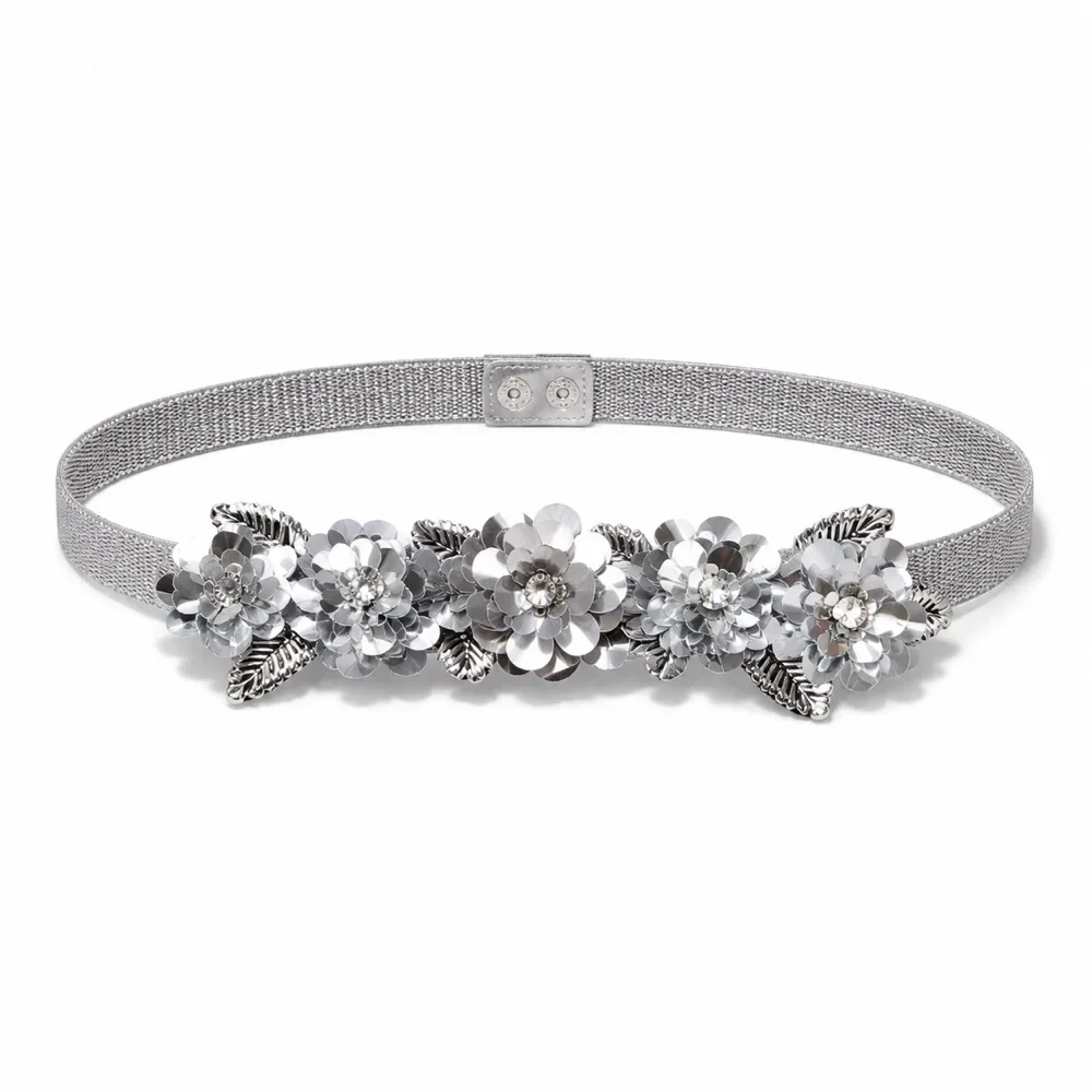 White Floral Elastic Waist Belt Women Decorative Flower Buckle Stretch Cinch Belt Dresses Coats Sweaters Skirts Bridal Fashion