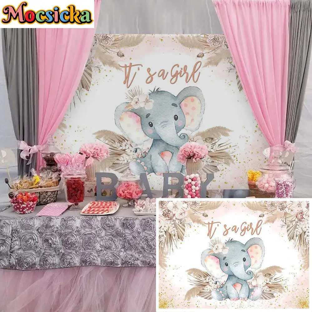 

Mocsicka Bohemian Girl Baby Shower Backdrop Elephant It's a Girl Newborn Photo Background Welcome Party Decor Photoshoot Props