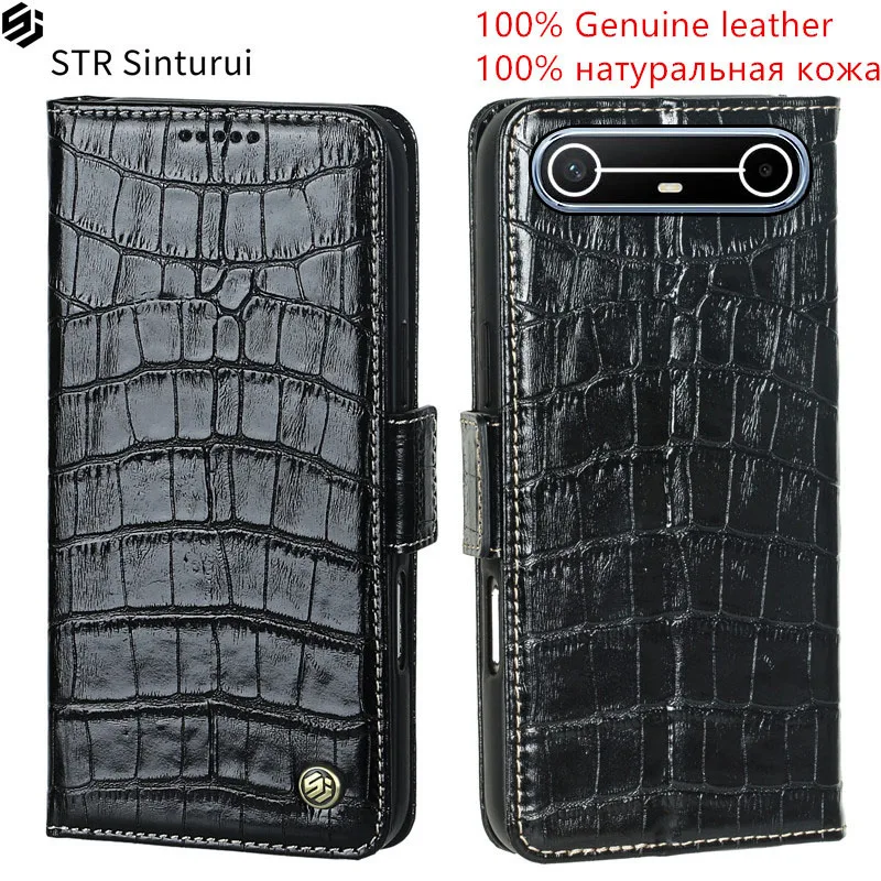 

STR Genuine leather crocodile grain card Slot Wallet Cover For Tecno Pova Slim 7 6 Pro Ultra Curve Flip shockproof phone Case