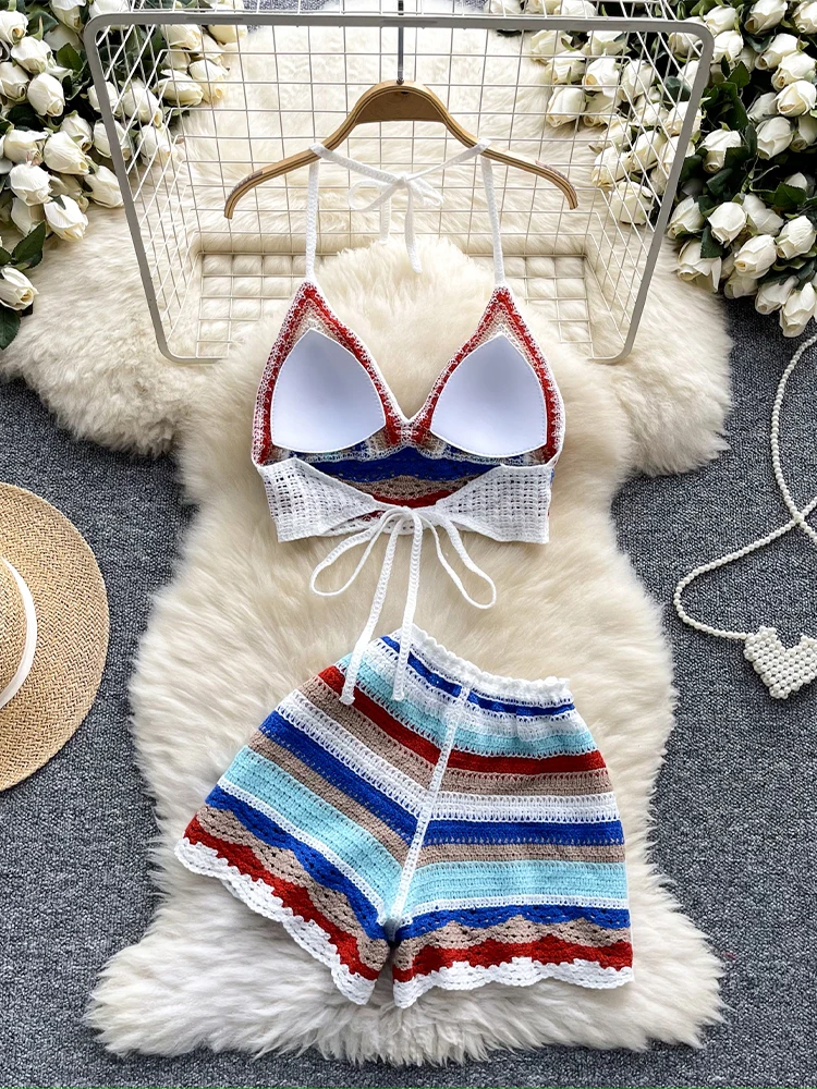 Women's Two Piece Suit Outfit Vintage Sleeveless Crop Top with Mini Skirt Vintage Y2k Blue Knit Striped Skirt Sets 2000s Clothes