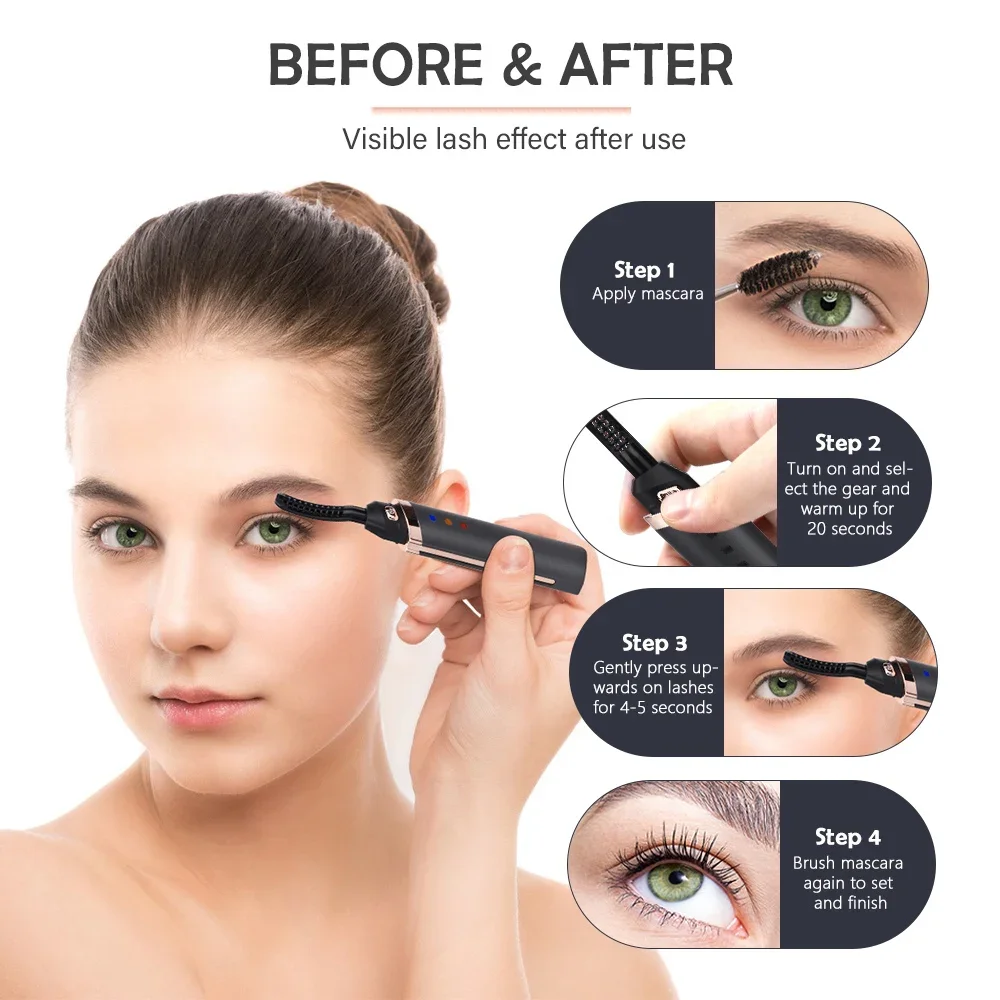 Electric Eyelash Curler Fast Heating Natural Eyelash Curling Iron Temperature Adjustable Makeup Eyelash Curling Pen USB Charging
