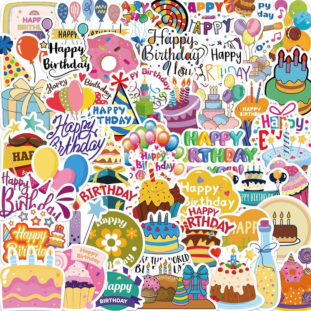 

50PCS Happy Birthday Graffiti Stickers Cartoon Cute Creative Decoration Luggage Guitar Stationery Box Waterproof Decal Toy Gift