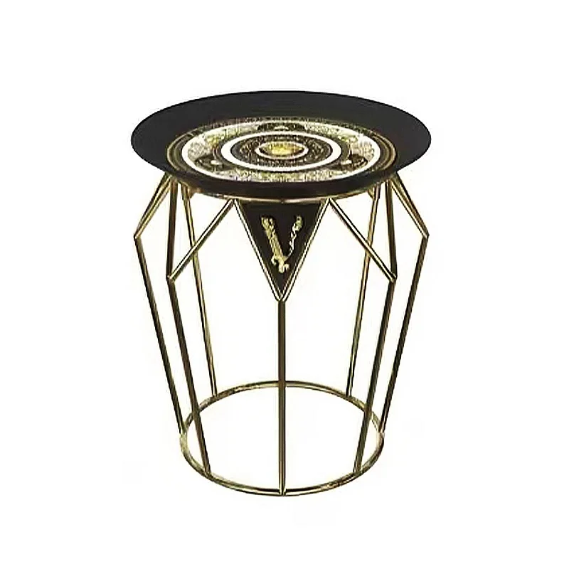 

Stainless steel edge few Italian designer light luxury color printing living room sofa corner few balcony round small coffee tab
