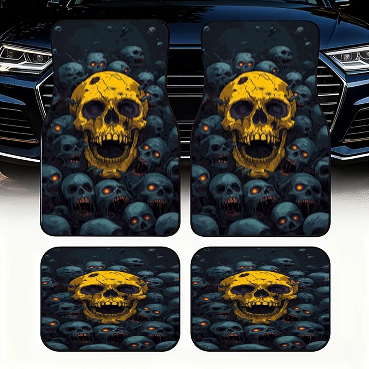 4pcs Car Floor Mats, Skull Pattern (Yellow & Blue-Gray Skulls), Material, Eerie Style, Universal For Auto Interiors, Non-, Durab